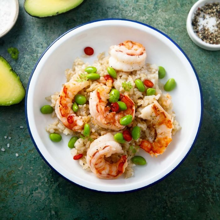 Rice bowl with shrimps and edamame beans
